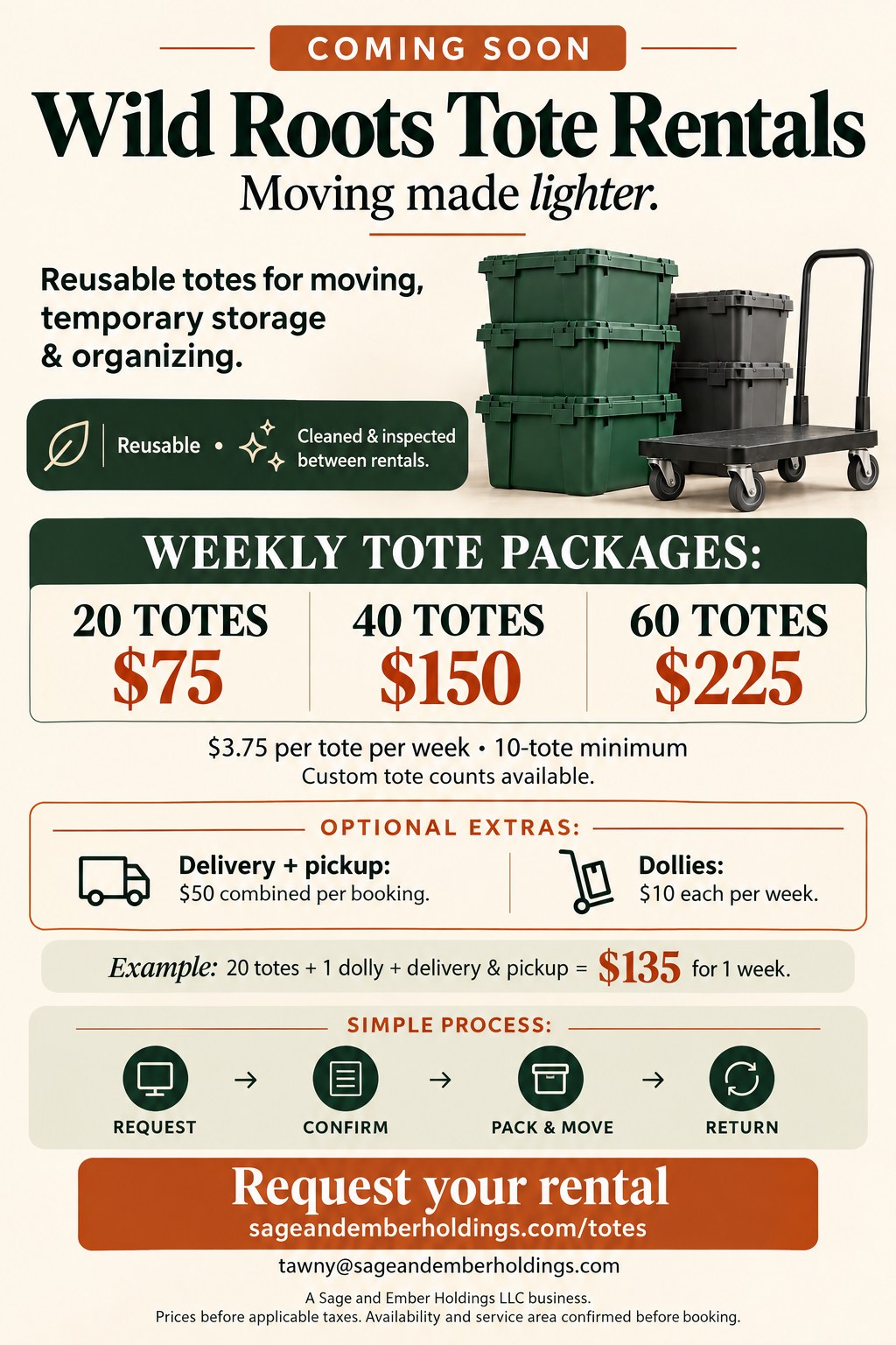 Coming soon: Wild Roots Tote Rentals. Weekly packages: 20 totes $75, 40 totes $150, 60 totes $225. Optional delivery and pickup $50 combined; dollies $10 each per week.
